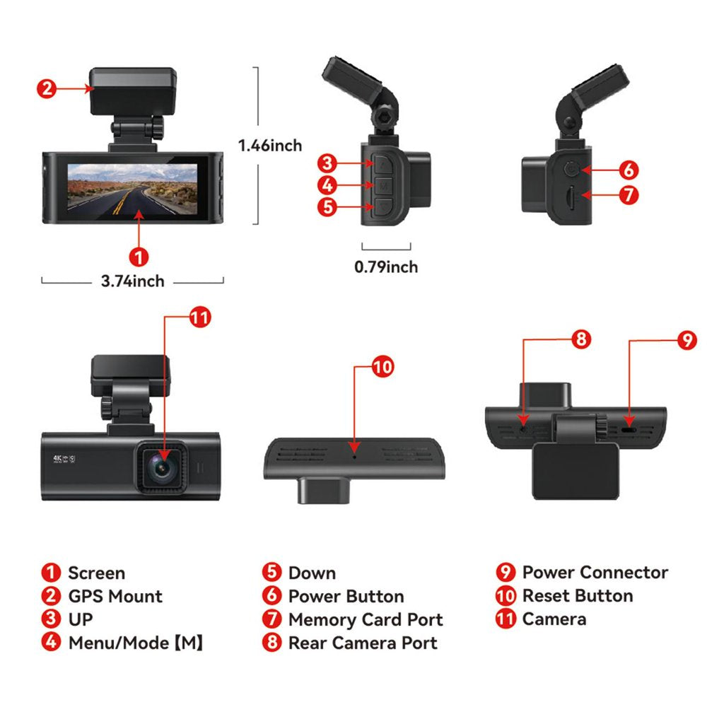 Dash Cam Front and Rear, 4K Dash Cam with Wifi & GPS, 4K/2.5K Front+1080P Rear Dash Camera with Night Vision, LCD Screen Display, Loop Recording,Black