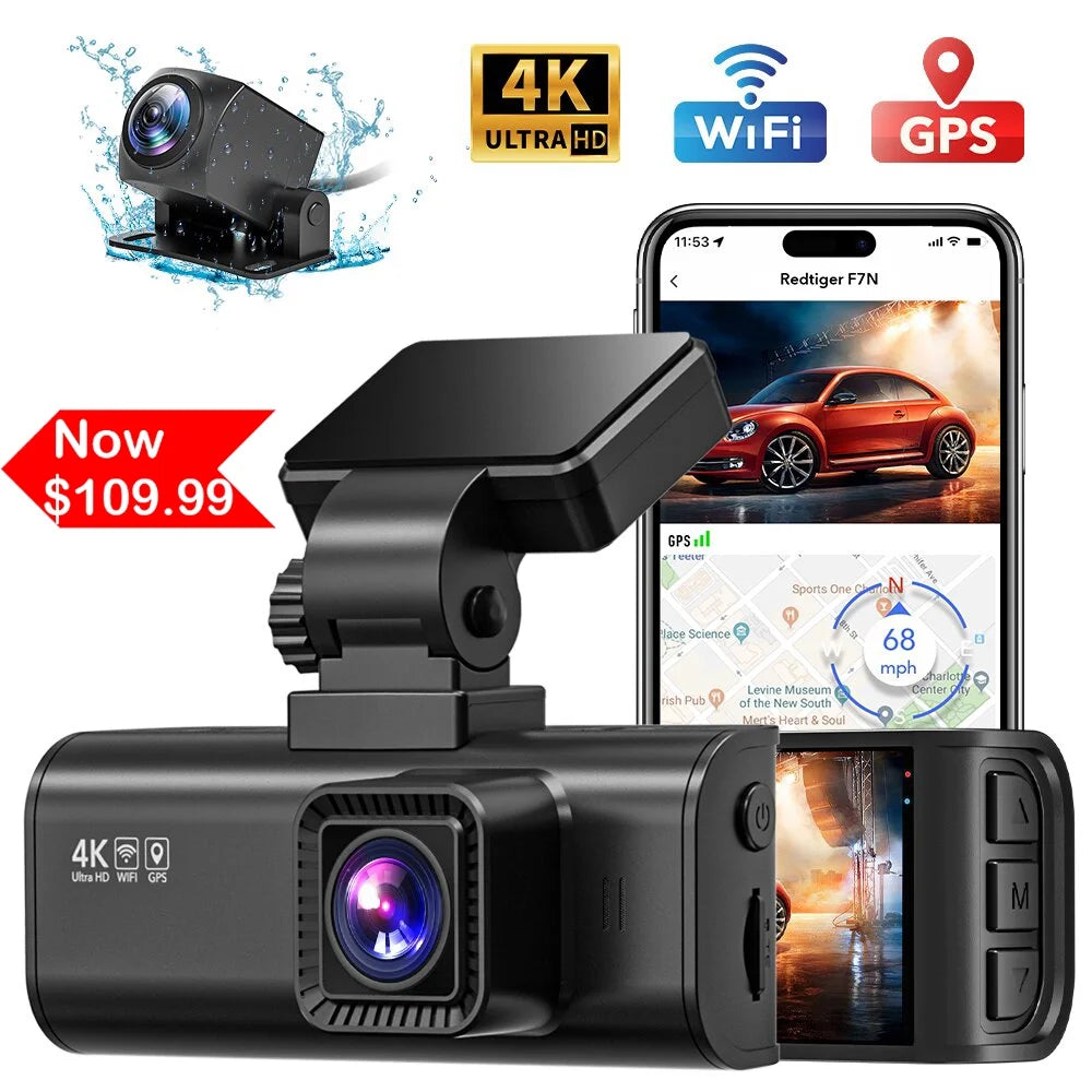 Dash Cam Front and Rear, 4K Dash Cam with Wifi & GPS, 4K/2.5K Front+1080P Rear Dash Camera with Night Vision, LCD Screen Display, Loop Recording,Black
