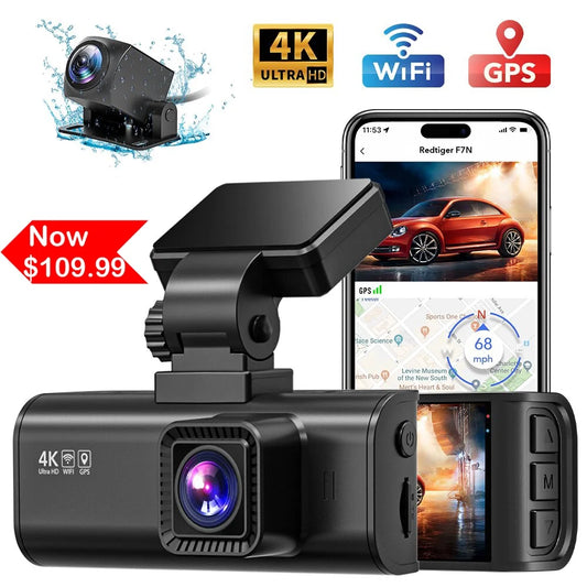 Dash Cam Front and Rear, 4K Dash Cam with Wifi & GPS, 4K/2.5K Front+1080P Rear Dash Camera with Night Vision, LCD Screen Display, Loop Recording,Black